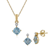 Pendentif et Boucles d'Oreilles Clou Classique Or Jaune 375 Topaze Bleue Coussin et Diamant