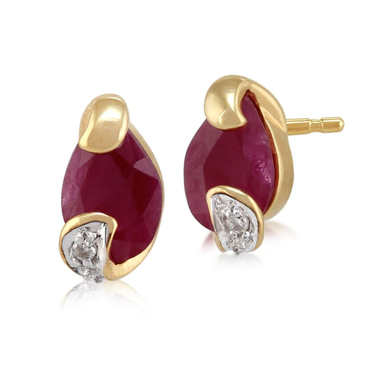 Boucles d'Oreilles Clou Style Art Nouveau Or Jaune 375 Rubis et Diamant