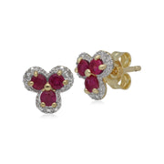 Boucles d'Oreilles Clou Classique Floral Or Jaune 375 Rubis et Diamant