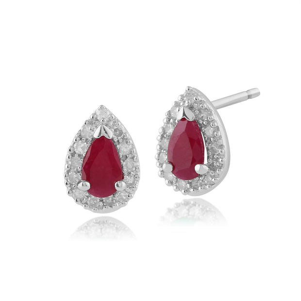 Boucles d'Oreilles Clou Classique Or Blanc 375 Rubis Poire et Diamant Style Cluster