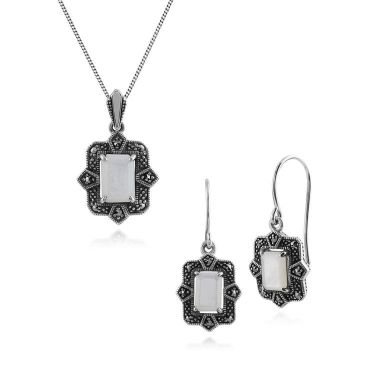 Pendentif et Boucles d'Oreilles Pendantes Style Art Déco Argent 925 Nacre Baguette et Marcassite sertis Clos