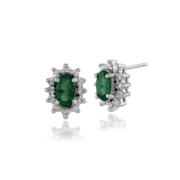 Boucles d'Oreilles Clou Classique Or Blanc 375 Emeraude Ovale, serti de Diamant