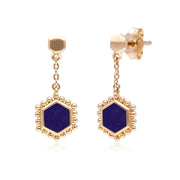 Boucles d'Oreilles Pendantes Flat Slice Hexagone Argent 925 Plaqué Or Lapis Lazuli