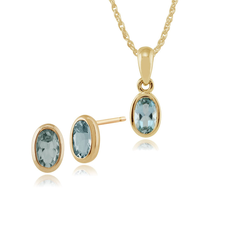 Pendentif et Boucles d'Oreilles Clou Classique Or Jaune 375 Aigue-Marine Ovale serti Clos