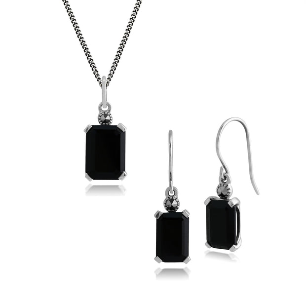 Pendentif et Boucles d'Oreilles Pendantes Géométrique Argent 925 Onyx Noire Rectangulaire