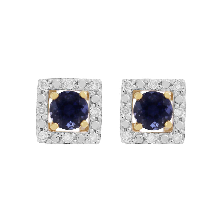 Boucles d'Oreilles Clou Iolite Classique Or Jaune 375 et Ear-Jacket Carré Diamant