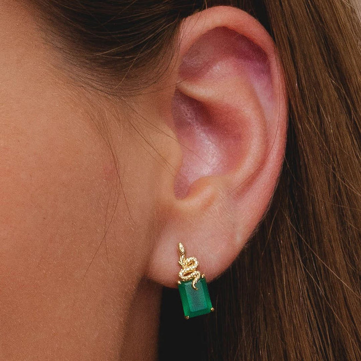 Boucles d'Oreilles Clous Grand Deco Serpent en Calcédoine Verte en Argent Doré à l'Or Fin