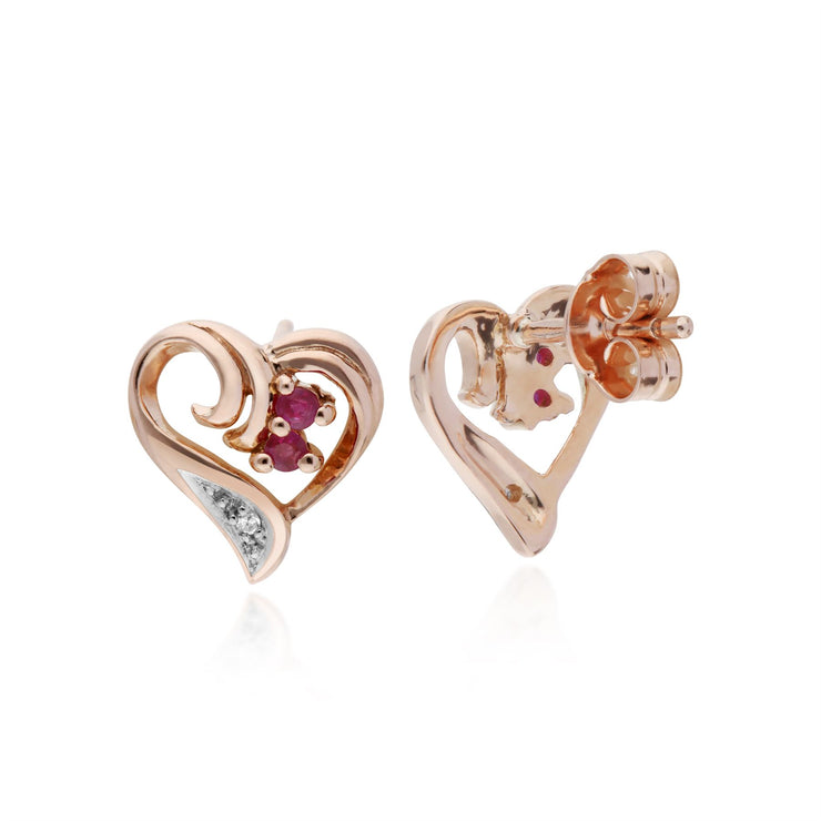 Rubis Boucles D'Oreilles, 9 CT or Rose 0,10 CT Rubis & Diamant Boucles D'Oreilles Puces Coeur