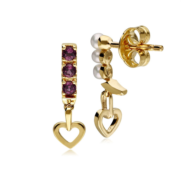 Boucles d’Oreilles Cœur Pendantes Asymétriques avec Perles de Cultures et Rhodolites