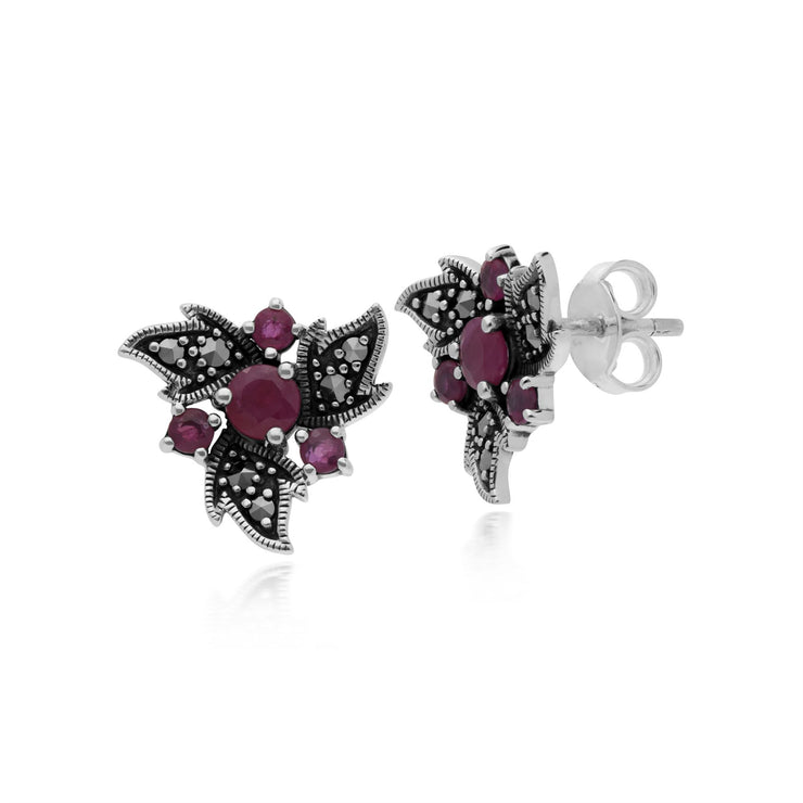 Rubis Boucles D'Oreilles, Argent Sterling Rubis & Marcassite Nouveau Floral Boucles D'Oreilles