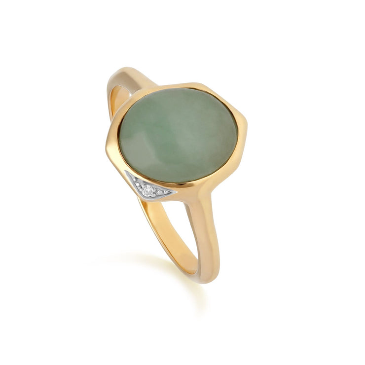 Bague Collection Irrégulier Argent 325 Plaqué Or Jaune Jade Verte Teintée et Diamant