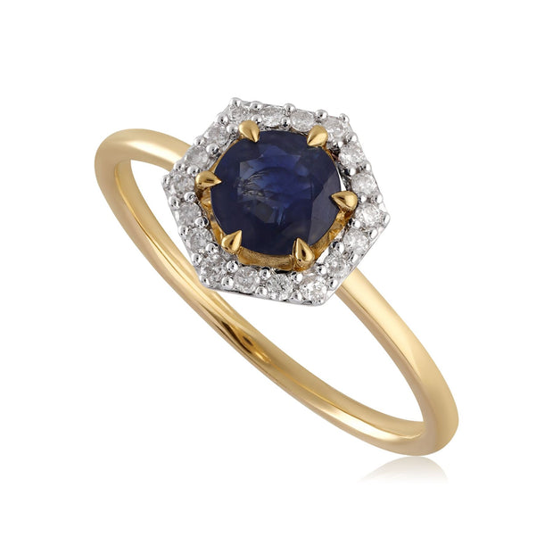 Bague Fiançailles Halo Or Jaune 375 Saphir 0,92ct et Diamant