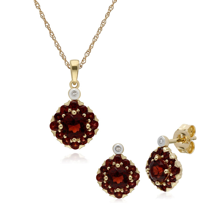Boucles d'Oreilles Clou et Pendentif Carré Classique Or Jaune 375 Grenat et Diamant Cluster