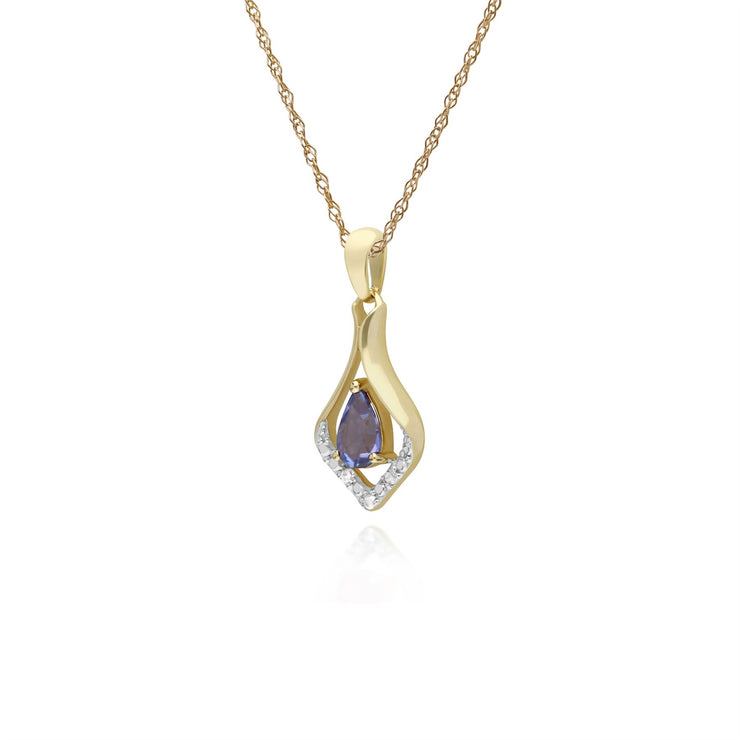 Tanzanite Collier, 9 CT or Jaune Rond Tanzanite & Diamant Classique Feuille Pendentif sur 45cm Chaîne