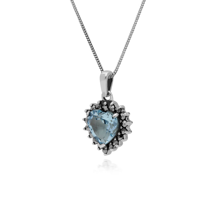 Topaze Collier, Argent Sterling Topaze Bleu & Marcassite Pendentif Coeur avec 45cm Chaîne