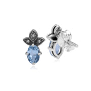 Boucles d'Oreilles Clou Classique Argent 925 Topaze Bleue Ovale et Marcassite