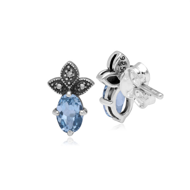 Boucles d'Oreilles Clou Classique Argent 925 Topaze Bleue Ovale et Marcassite