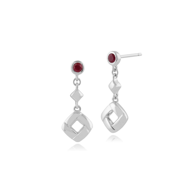 Boucles d'Oreilles Clou Croisées Carrées Argent 925 Rubis