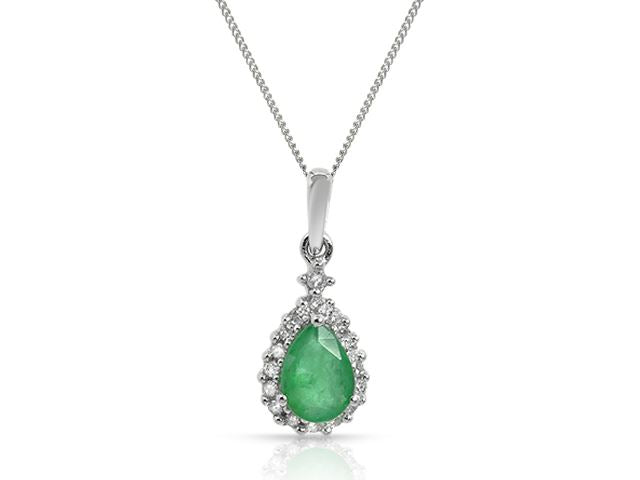 Pendentif Classique Or Blanc 375 Emeraude Poire et Diamant Style Cluster