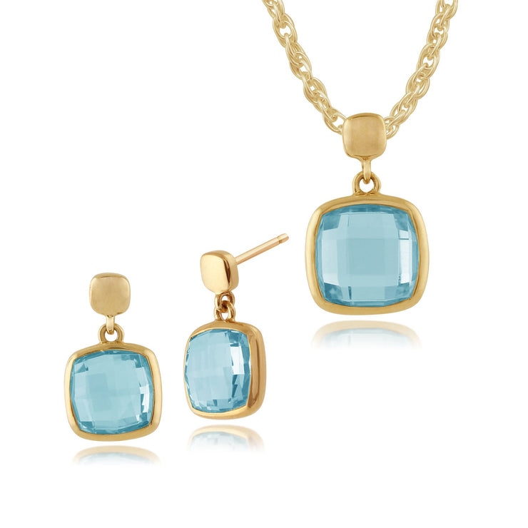 Pendentif et Boucles d'Oreilles Pendantes Classique Or Jaune 375 Topaze Bleue Carrée serti Clos