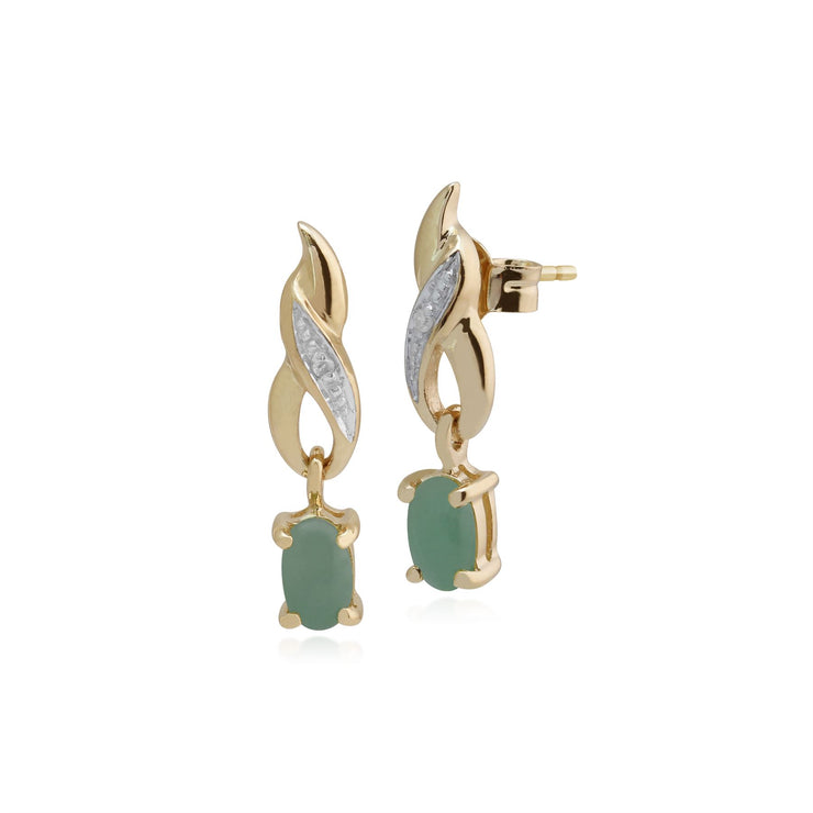 Boucles d'Oreilles Pendantes Torsadées Classique Or Jaune 375 Jade Ovale et Diamant