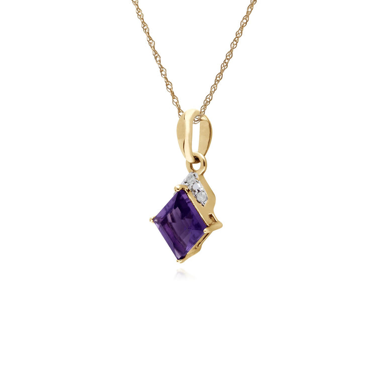Collier Améthyste, 9 CT or Jaune Améthyste & Diamant Carré Pendentif sur 45cm Chaîne