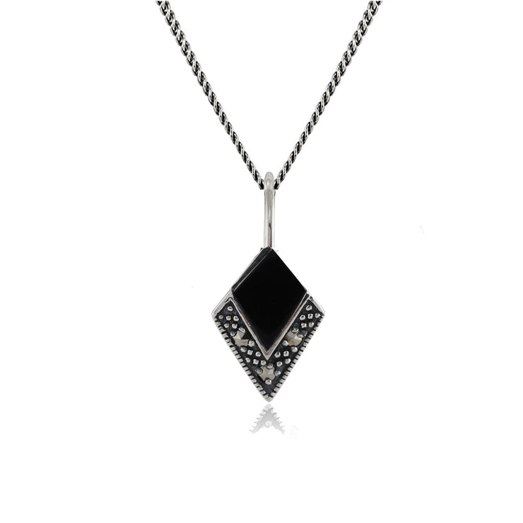 Pendentif Style Art Déco Argent 925 Onyx Ronde Noire et Marcassite