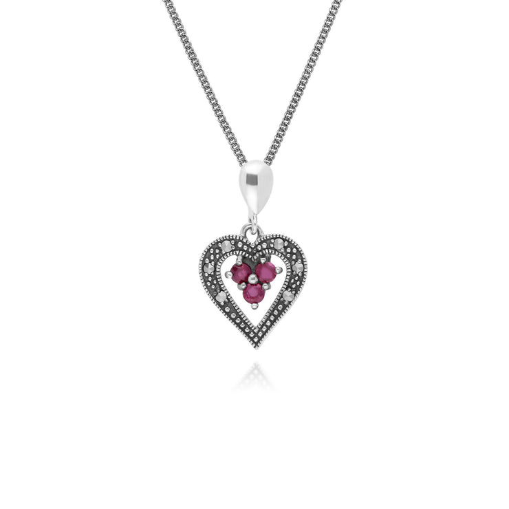 Argent Sterling Rubis & Marcassite Coeur 45cm Collier