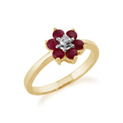 Floral Round Ruby & Diamond Cluster Ring in 9ct Yellow Gold