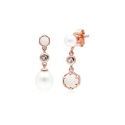 Boucles d'Oreilles Asymétriques Perle Moderne Pendantes Argent 925 Plaqué Or Rose Perle, Opale et Topaze