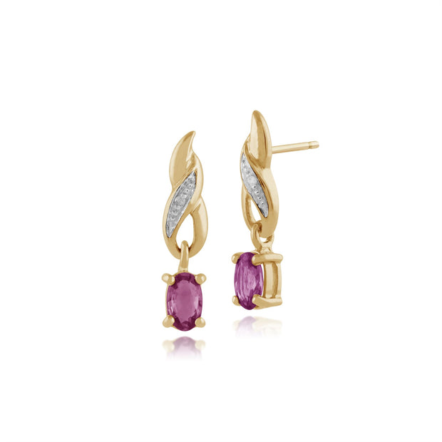 Boucles d'Oreilles Pendantes Classique Or Jaune 375 Saphir Rose Oval et Diamant