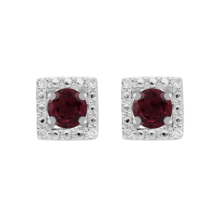 Boucles d'Oreilles Clou Rhodolite Classique Or Blanc 375 et Ear-Jacket Carré Diamant