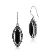 Pendentif et Boucles d'Oreilles Pendantes Style Art Déco Argent 925 Onyx Noire Cabochon et Marcassite