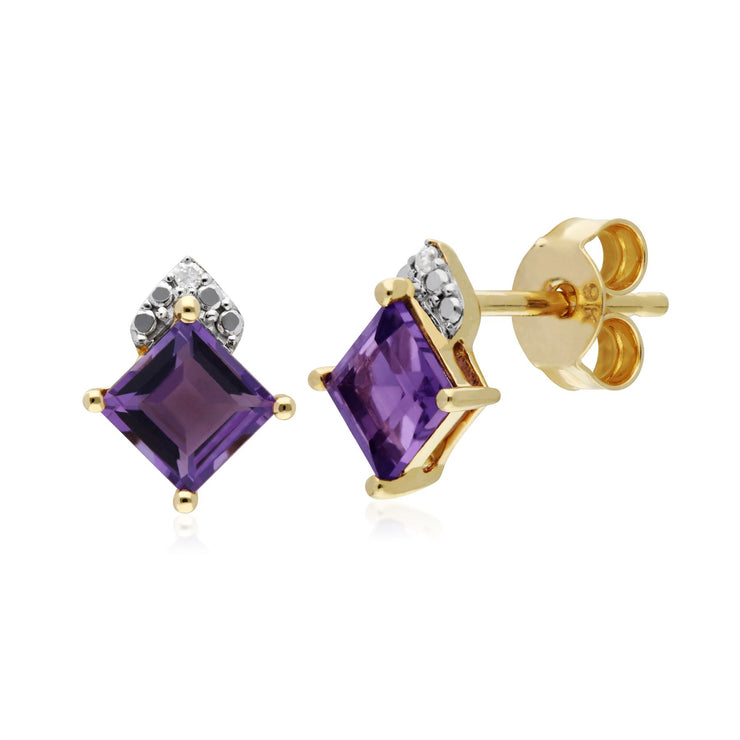 Boucles D'Oreilles Améthystes, 9 CT or Jaune Améthyste & Diamant Carré Boucles D'Oreilles