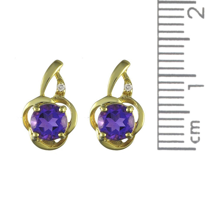 Pendentif et Boucles d'Oreilles Clou Floral Classique Or Jaune 375 Améthyste et Diamant