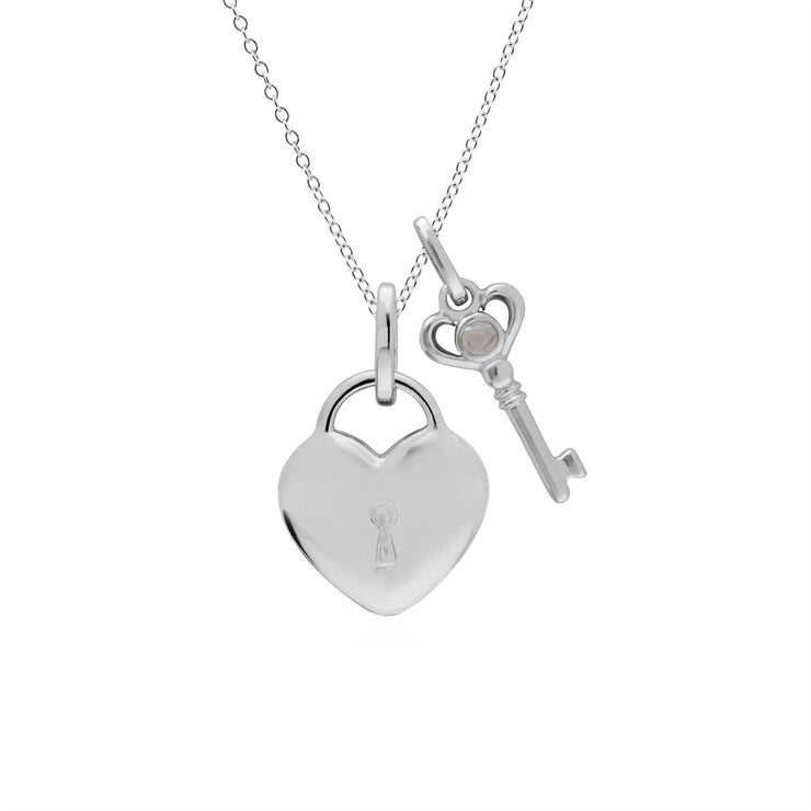 Pendentif Classique Cadenas Cœur Argent 925 et Charms Clé Pierre de Lune Arc-en-Ciel