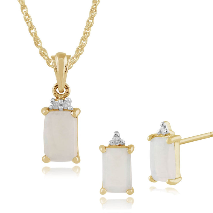Pendentif et Boucles d'Oreilles Clou Classique Or Jaune 375 Opale et Diamant Baguette