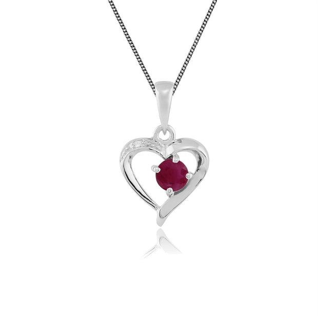 Pendentif Cœur Classique Or Blanc 375 Rubis et Diamant