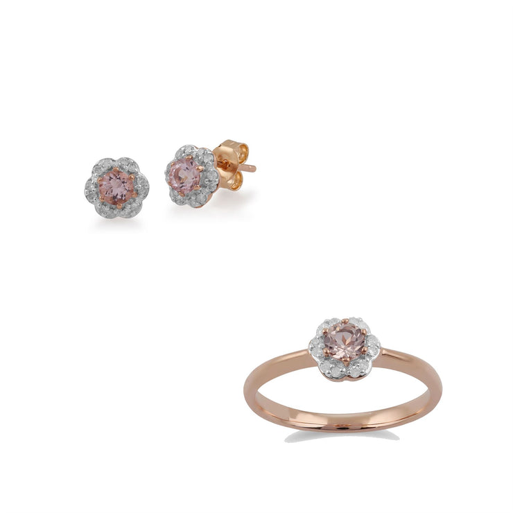 Bague et Boucles d'Oreilles Clou Floral Or Rose 375 Morganite et Diamant