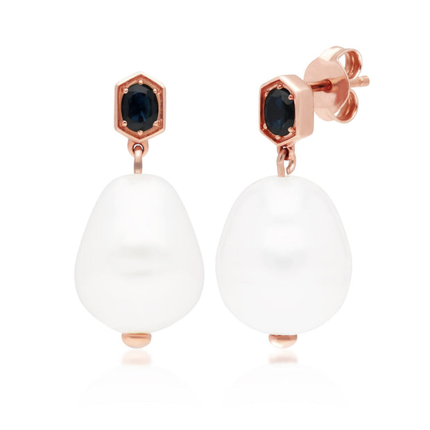 Boucles d'Oreilles Pendantes Moderne  Perle Baroque Argent 925 Plaqué Or Rose Perle et Saphir
