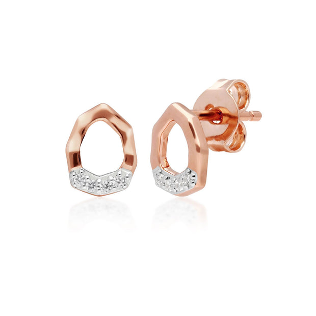 Bague et Boucles d'Oreilles Clou Asymétriques Pavé Diamant Or Rose 375