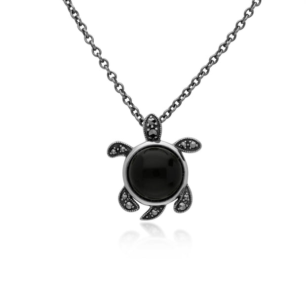 Onyx Collier, Argent Sterling 4ct Onyx Noir & 0.12ct Marcassite Tortue 45cm Collier