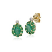 Boucles d'Oreilles Clou et Pendentif Classique Or Jaune 375 Emeraude et Diamant Cluster