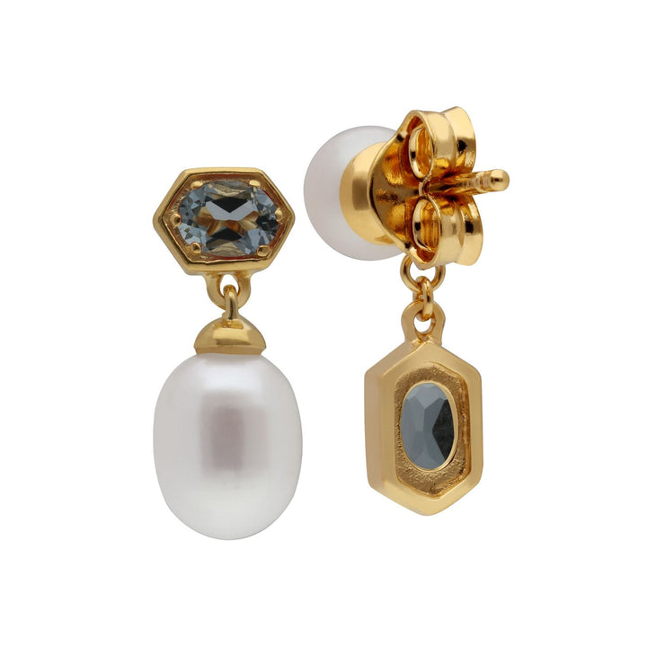 Boucles d'Oreilles Pendantes Asymétriques Perle Moderne Argent 925 Plaqué Or Perle et Aigue-Marine