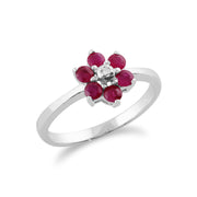 Bague Floral Or Blanc 375 Rubis et Diamant Style Cluster