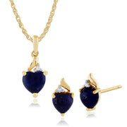 Pendentif et Boucles d'Oreilles Clou Cœur Classique Or Jaune 375 Lapis Lazuli et Diamant