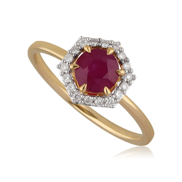 Bague Fiançailles Halo Or Jaune 750 Rubis 0,92ct et Diamant