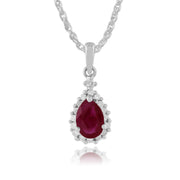 Pendentif Classique Or Blanc 375 Rubis Poire et Diamant Style Cluster