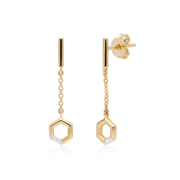 Boucles d'Oreilles Pendantes Chaîne Hexagone Pavé Diamant Or Jaune 375