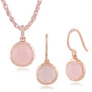Pendentif et Boucles d'Oreilles Pendantes Boho Argent 925 Plaqué Or Jaune Quartz Rose Ronde serti Clos